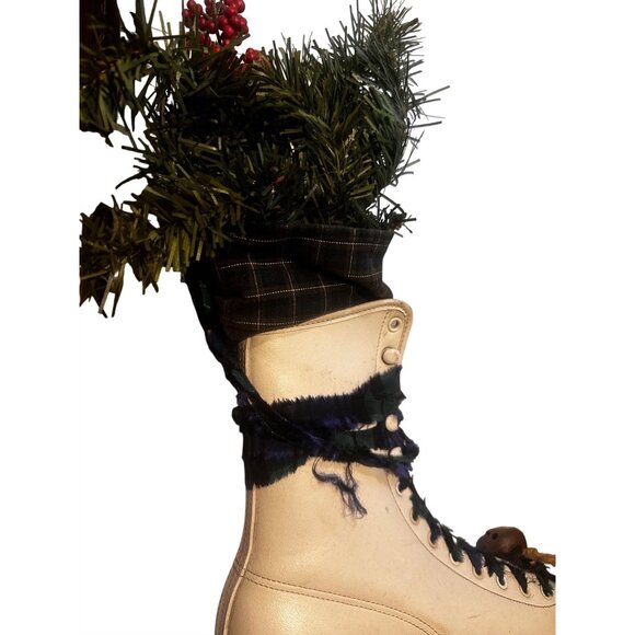 Ice Skate Hand Painted Snow Design Plaid Pine Foliage Fabric Accent Jingle Bell - Picture 5 of 8